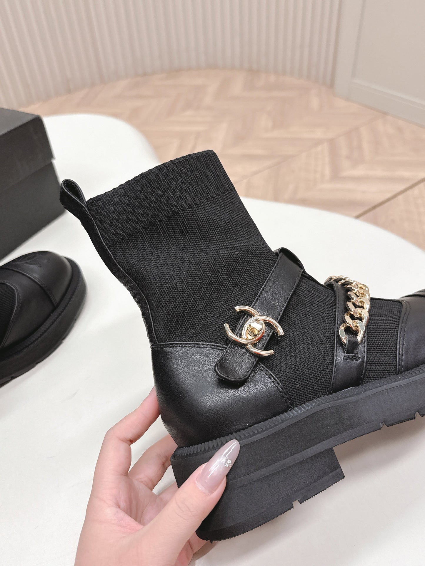 CHANEL ANKLE BOOTS 25S IN BLACK LAMBSKIN AND FABRIC WITH GOLD HARDWARE - 35