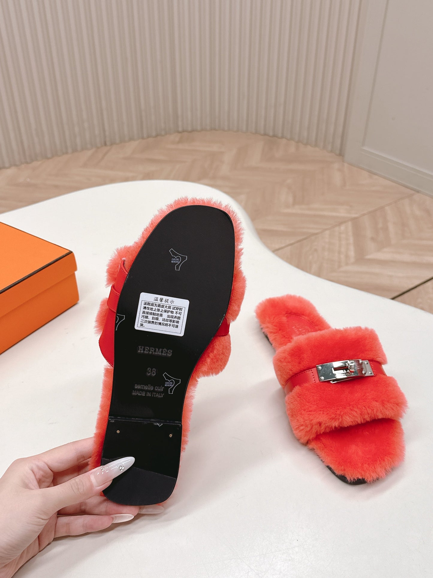 HM 25S ORAN SANDAL IN RED ORANGE SHEARLING WITH SILVER HARDWARE - 35