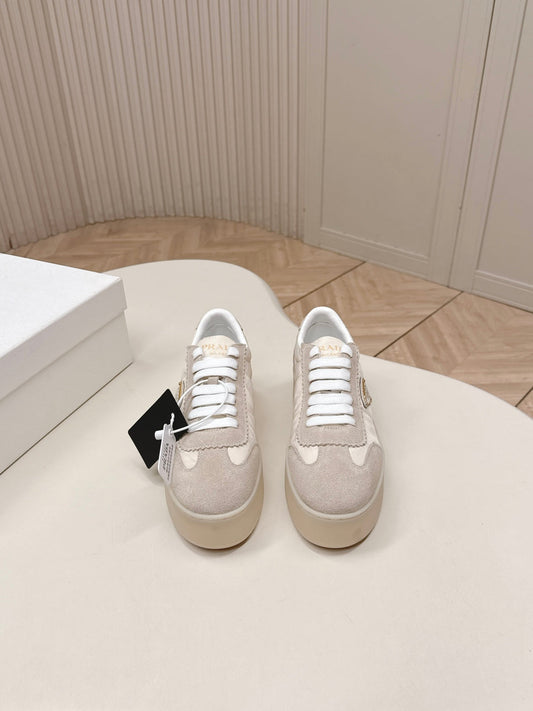 PRADA 26S PLATFORM SNEAKERS 50MM IN CREAM WHITE NYLON AND SUEDE