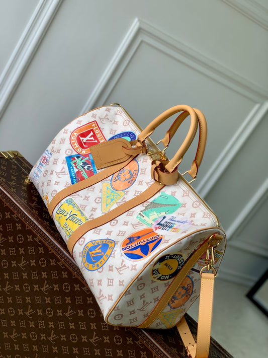 KEEPALL BANDOULIÈRE 45 IN WHITE MONOGRAM DUNE CANVAS AND CALFSKIN