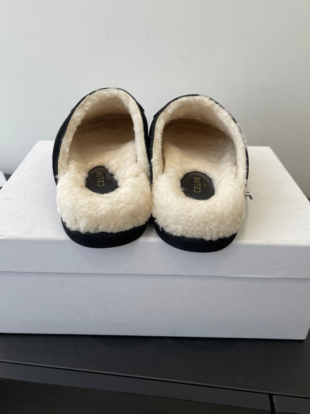CELINE 26S FUR-LINED MULES IN BLACK SUEDE