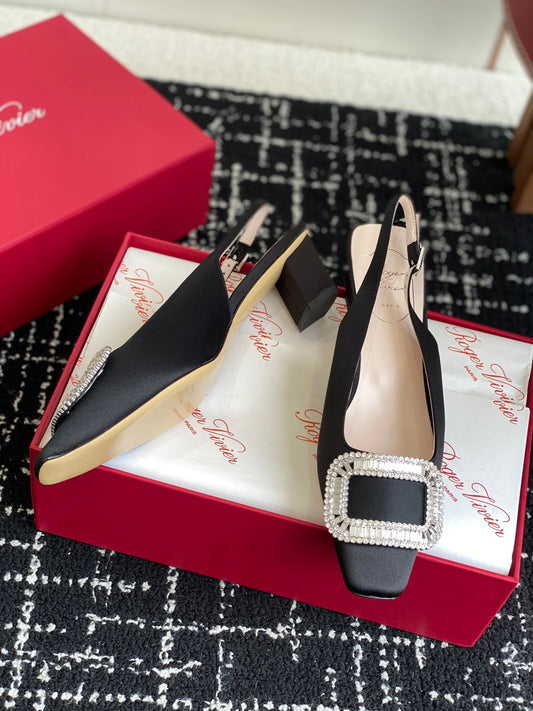 ROGER VIVIER 25S VIVIER SLINGBACK 45MM IN BLACK SILK EMBELLISHED CRYSTALS - 34