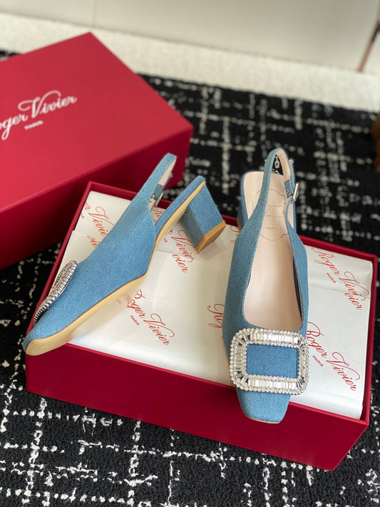 ROGER VIVIER 25S VIVIER SLINGBACK 45MM IN BLUE DENIM EMBELLISHED CRYSTALS - 34