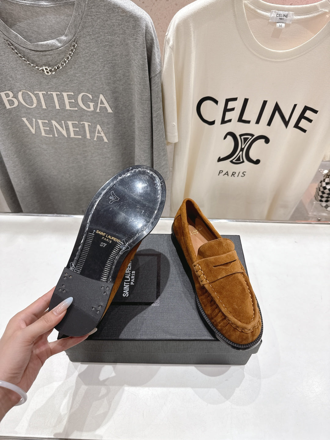 YSL 25S LOAFERS IN COPPER BROWN SUEDE WITH GOLD HARDWARE - 35