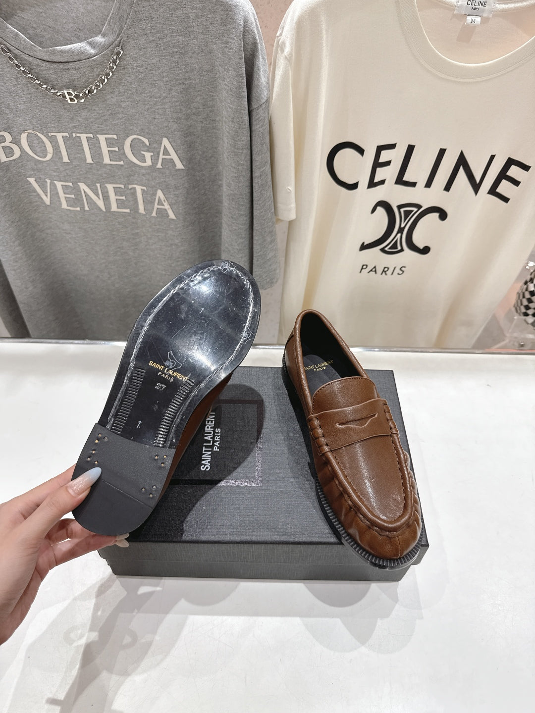 YSL 25S LOAFERS IN COFFEE BROWN LAMBSKIN WITH GOLD HARDWARE - 35