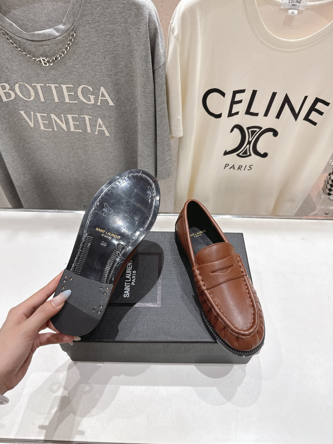 YSL 25S LOAFERS IN CHESTNUT BROWN LAMBSKIN WITH GOLD HARDWARE - 35