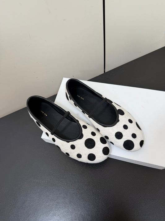 THE ROW 26S BALLET FLATS IN WHITE & BLACK POLKA DOT CALF HAIR CALFSKIN