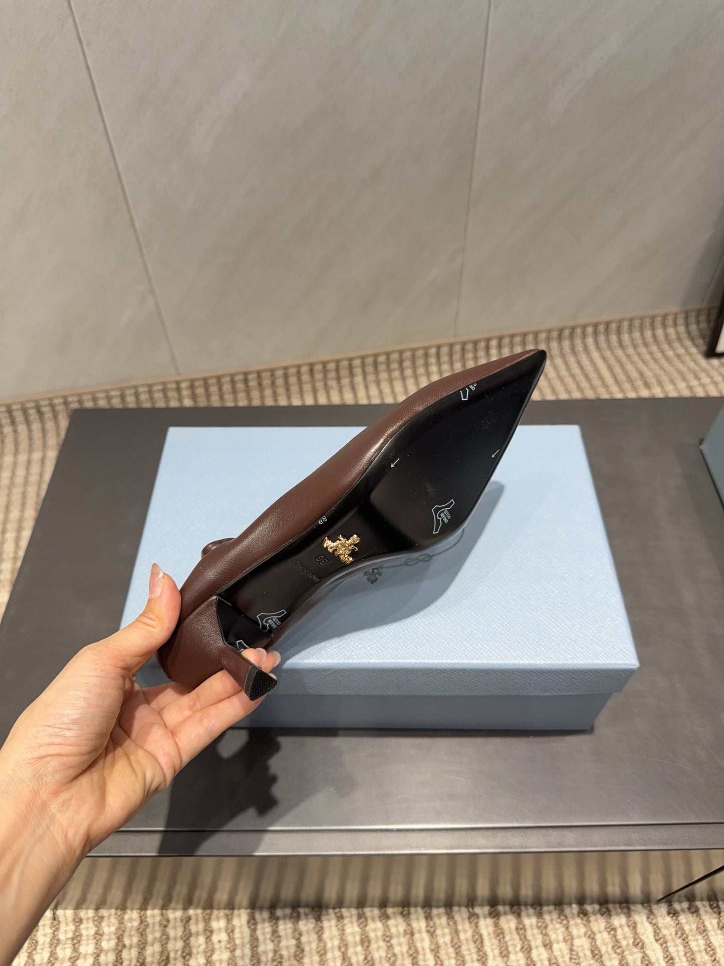 PRADA 26S POINTED TOE PUMPS 55MM IN CHOCOLATE BROWN SHEEPSKIN