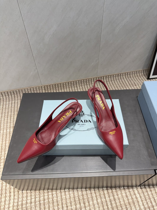 ТУФЛІ-СЛІНГБЕКИ PRADA 26S З ГОСТРИМ НОСКОМ НА ПІДБОРАХ 55 ММ З ТЕМНО-ЧЕРВОНОЇ ОВЕЧОЇ ШКІРИ