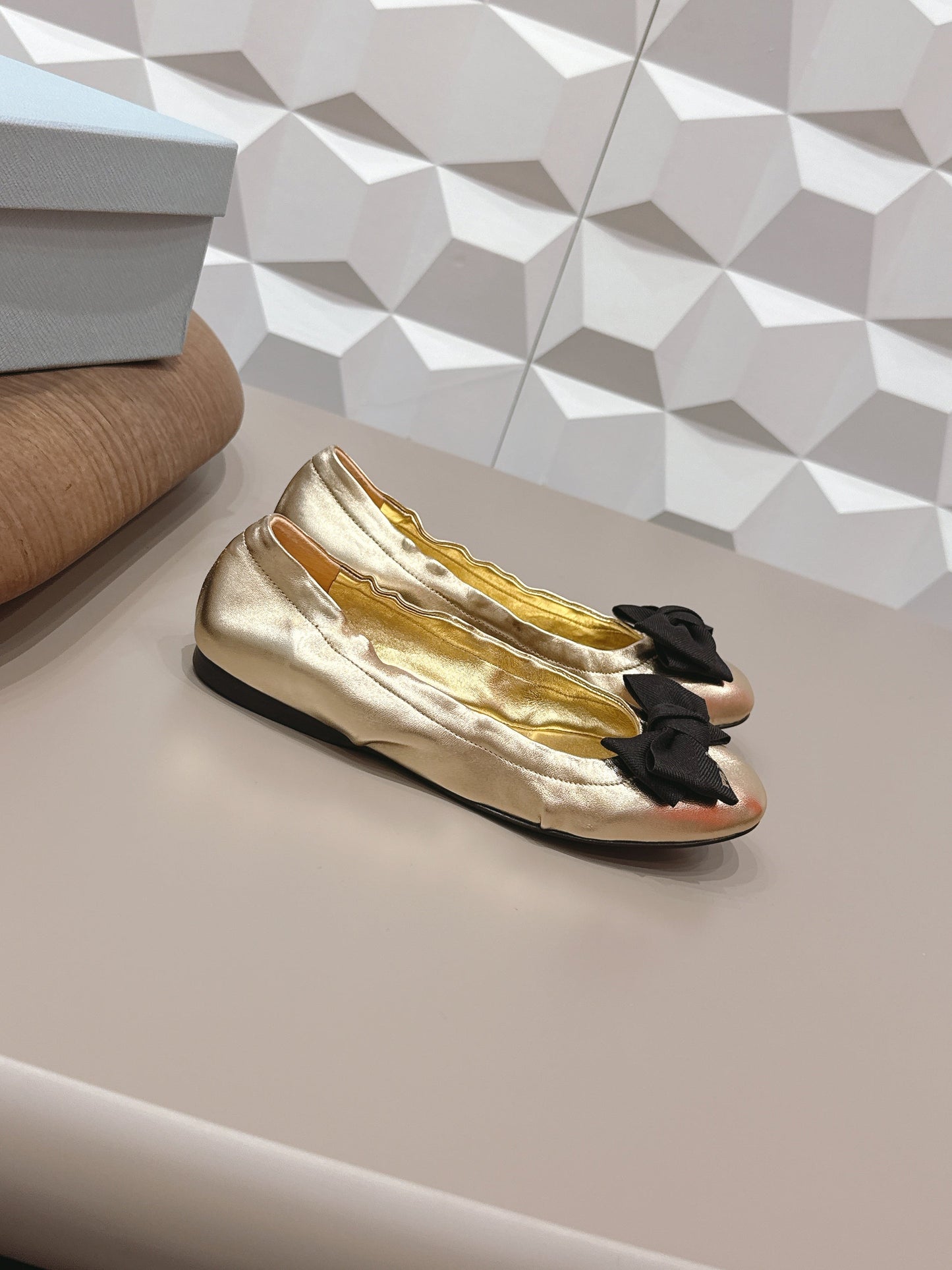 PRADA 26S ROUND TOE FLATS WITH BOW IN GOLD CALFSKIN
