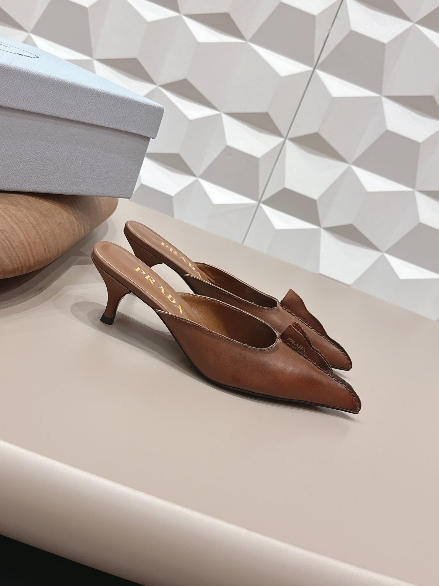 PRADA 26S POINTED TOE LACE TRIM MULES 55MM IN CARAMEL BROWN CALFSKIN