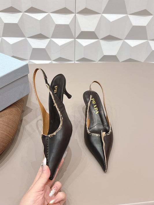 PRADA 26S ГОСТРОНОСІ ТУФЛІ-СЛІНГБЕКИ НА ВИСОКИХ ПІДБОРАХ 55 ММ З ЧОРНОЇ ТЕЛЯЧОЇ ШКІРИ