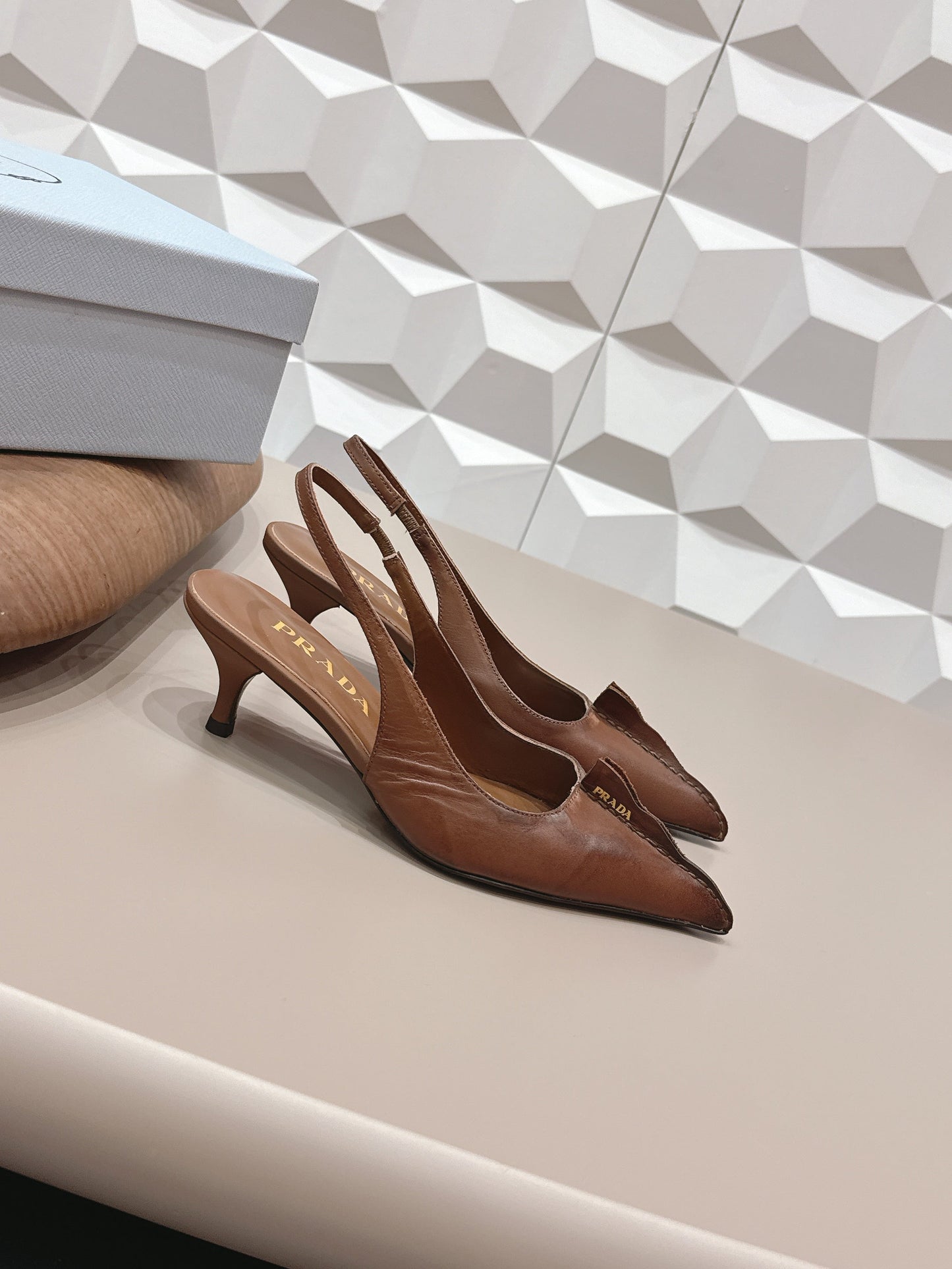 PRADA 26S POINTED TOE SLINGBACK HIGH HEELS 55MM IN BROWN CALFSKIN
