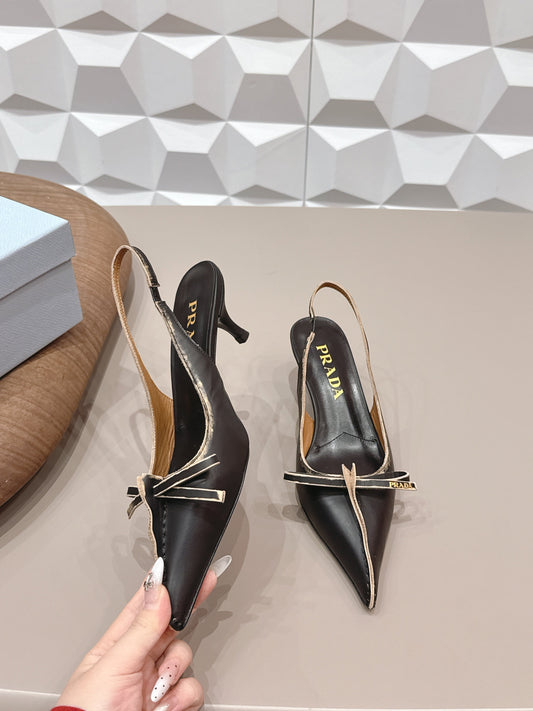 PRADA 26S ГОСТРОНОСІ ТУФЛІ-СЛІНГБЕКИ НА ВИСОКИХ ПІДБОРАХ 55 ММ З ЧОРНОЇ ТЕЛЯЧОЇ ШКІРИ З БАНТОМ