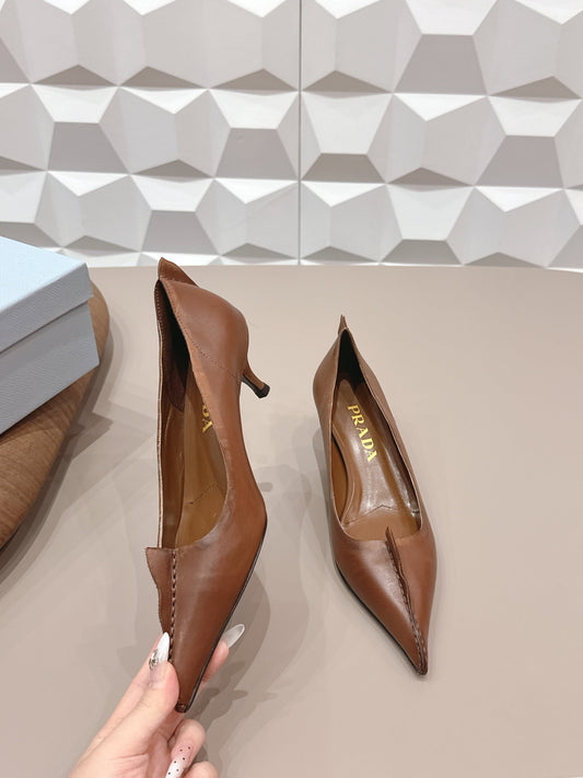 PRADA 26S ГОСТРОНОСІ ТУФЛІ НА ВИСОКИХ ПІДБОРАХ 55 ММ З КОРИЧНЕВОЇ ТЕЛЯЧОЇ ШКІРИ
