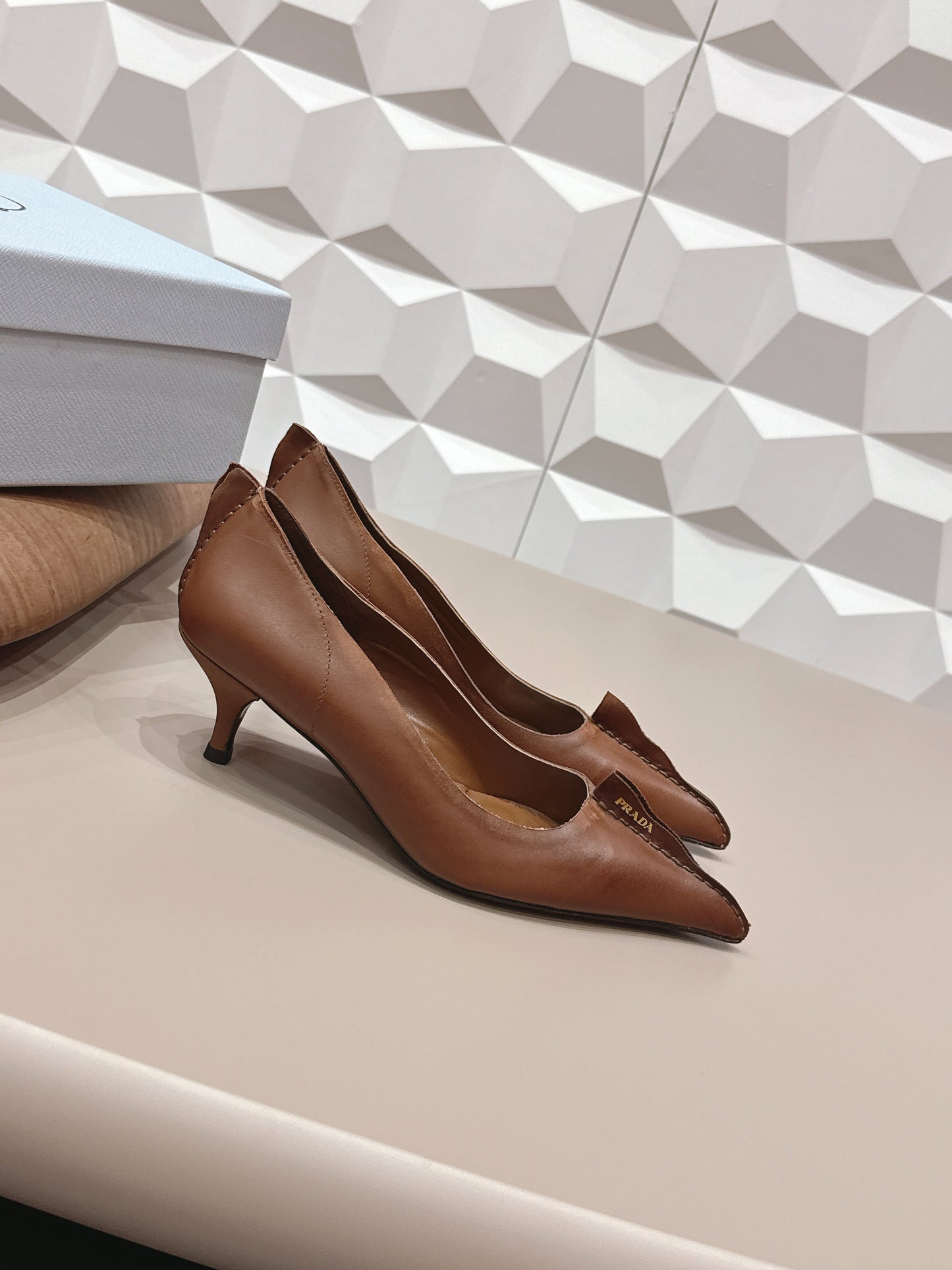 PRADA 26S POINTED TOE HIGH HEELS 55MM IN BROWN CALFSKIN