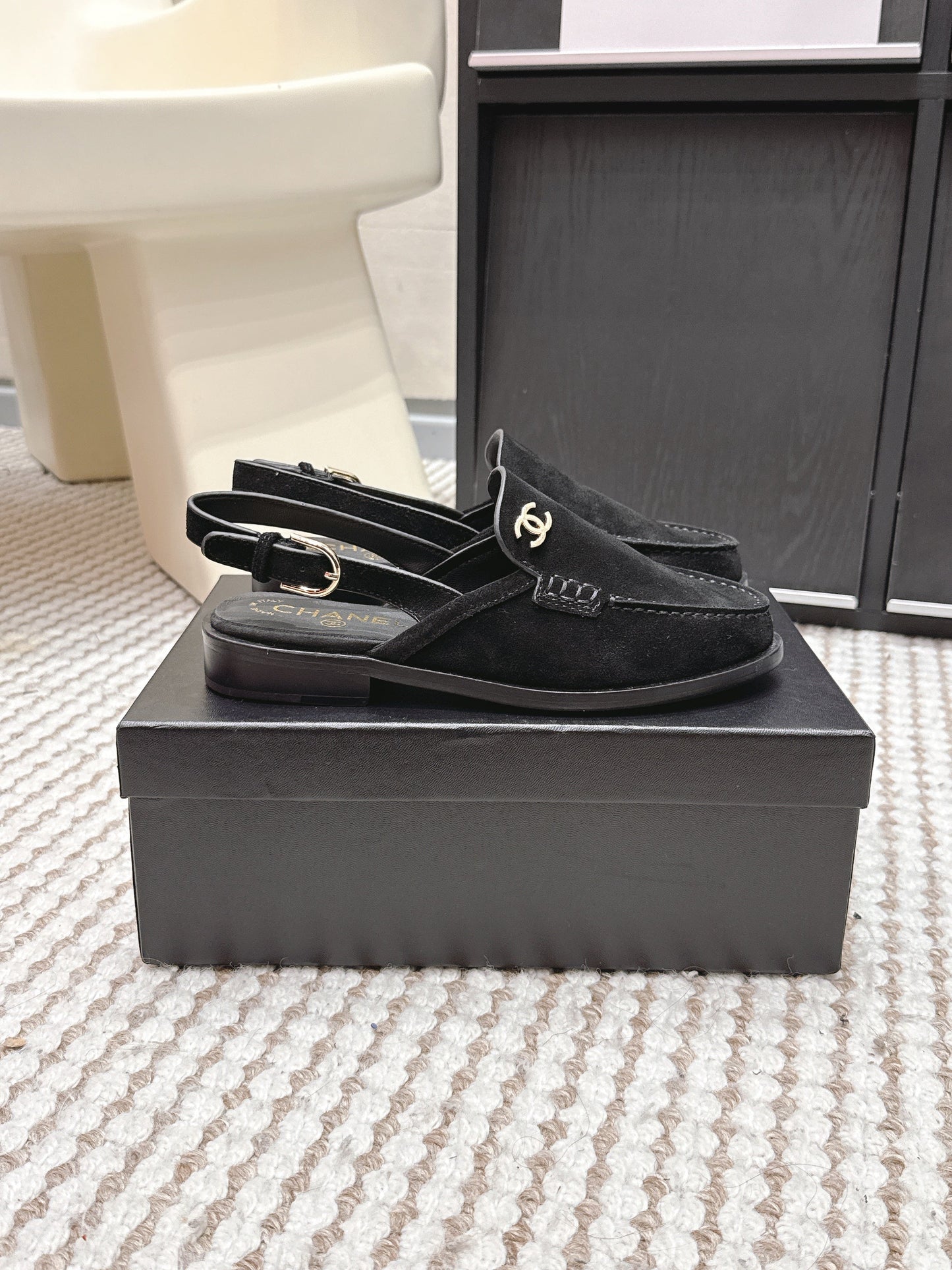 CHANEL 26S SLINGBACK LOAFERS IN BLACK SUEDE