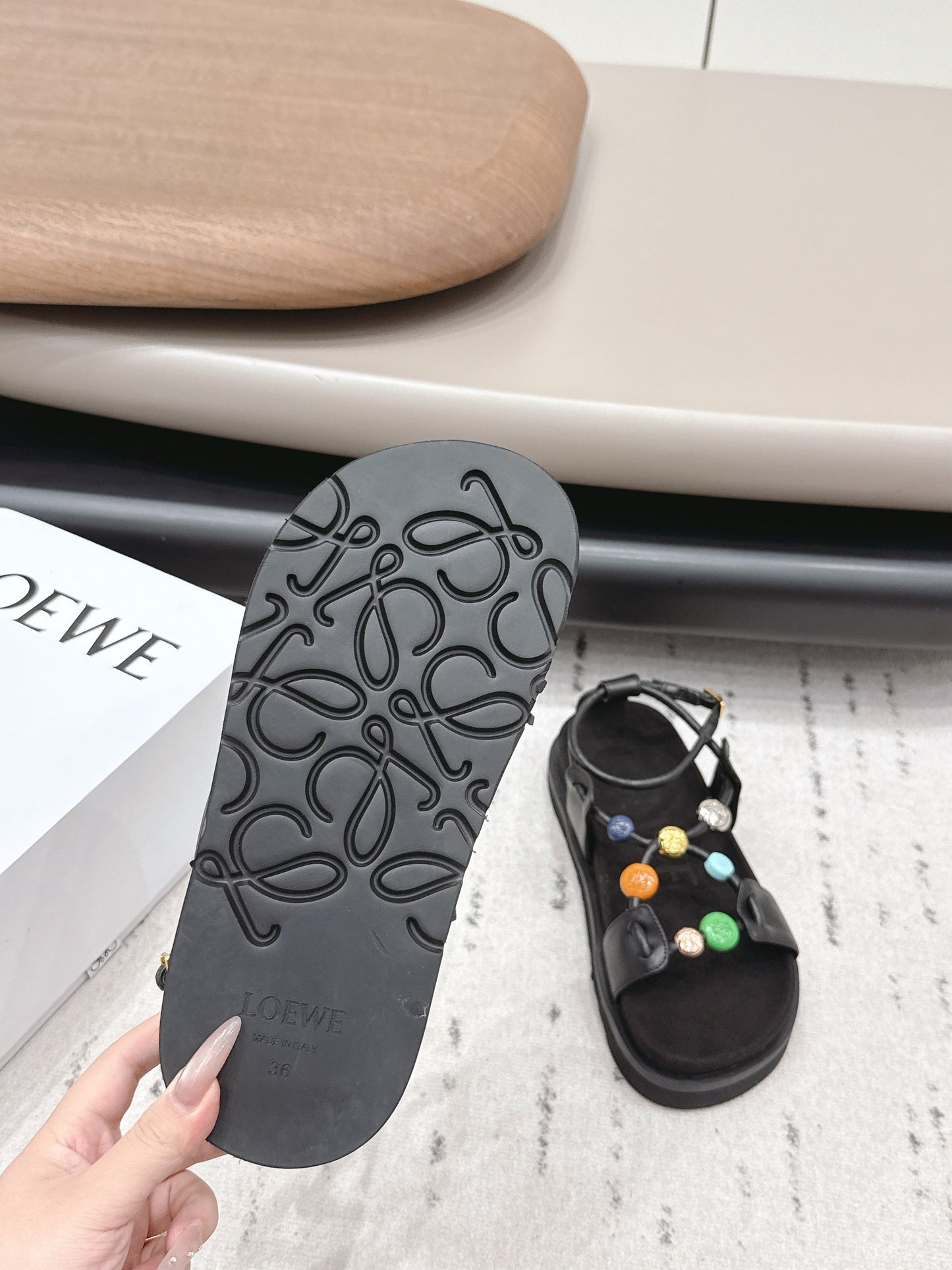 LOEWE 26S ROUND TOE WEDGE SANDALS 30MM IN BLACK CALFSKIN AND SUEDE