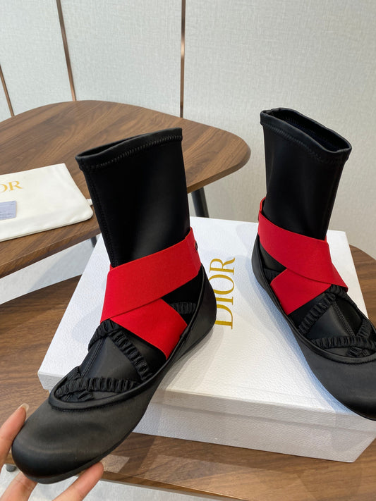 ЧОБОТИ-БАЛЕТКИ DIOR 25S СТРЕТЧ З ЧОРНО-ЧЕРВОНОГО АТЛАСУ - 35