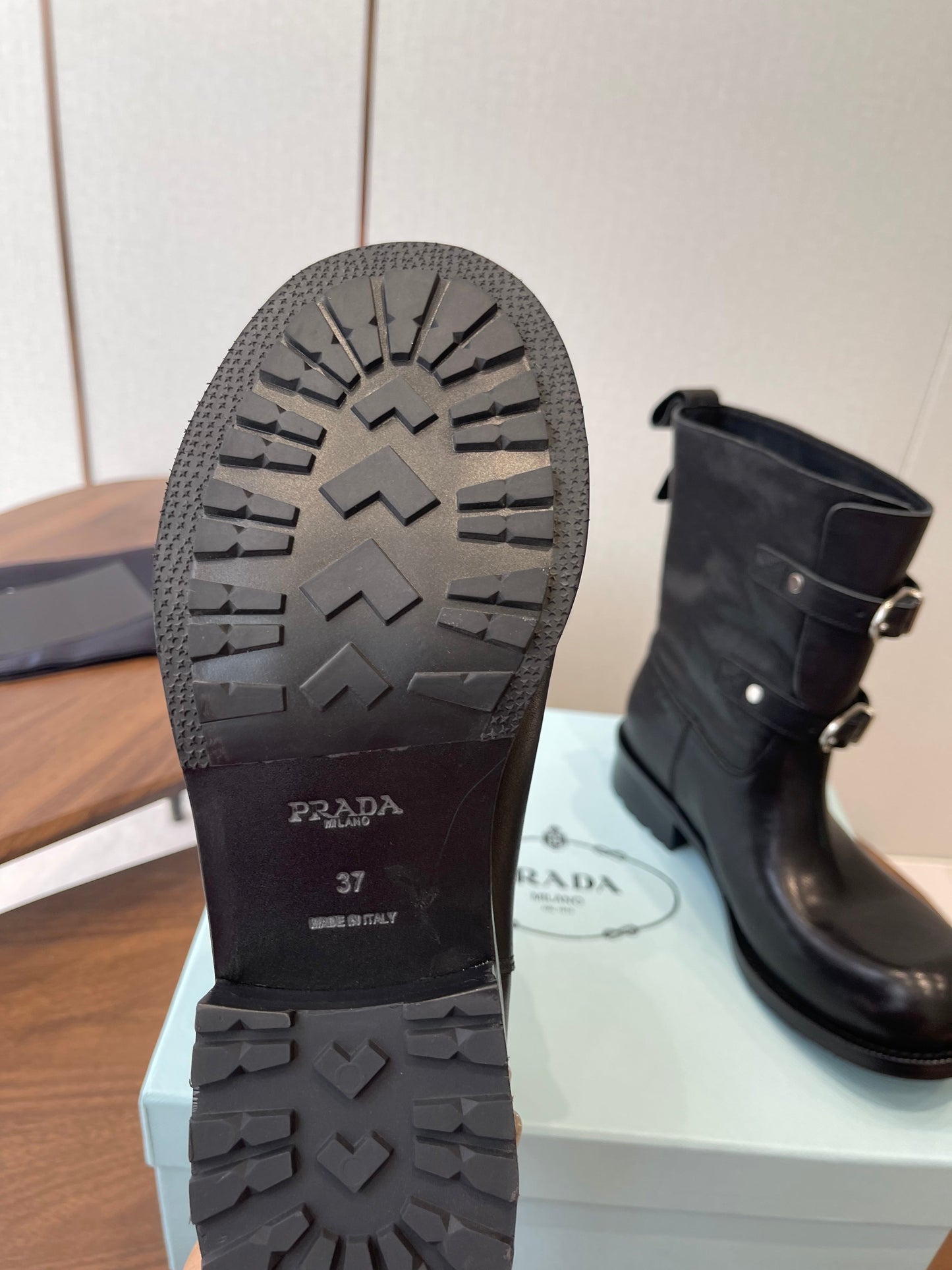 PRADA 25S TWO-BUTTON COWBOY BOOTS IN BLACK CALFSKIN WITH SILVER HARDWARE - 35