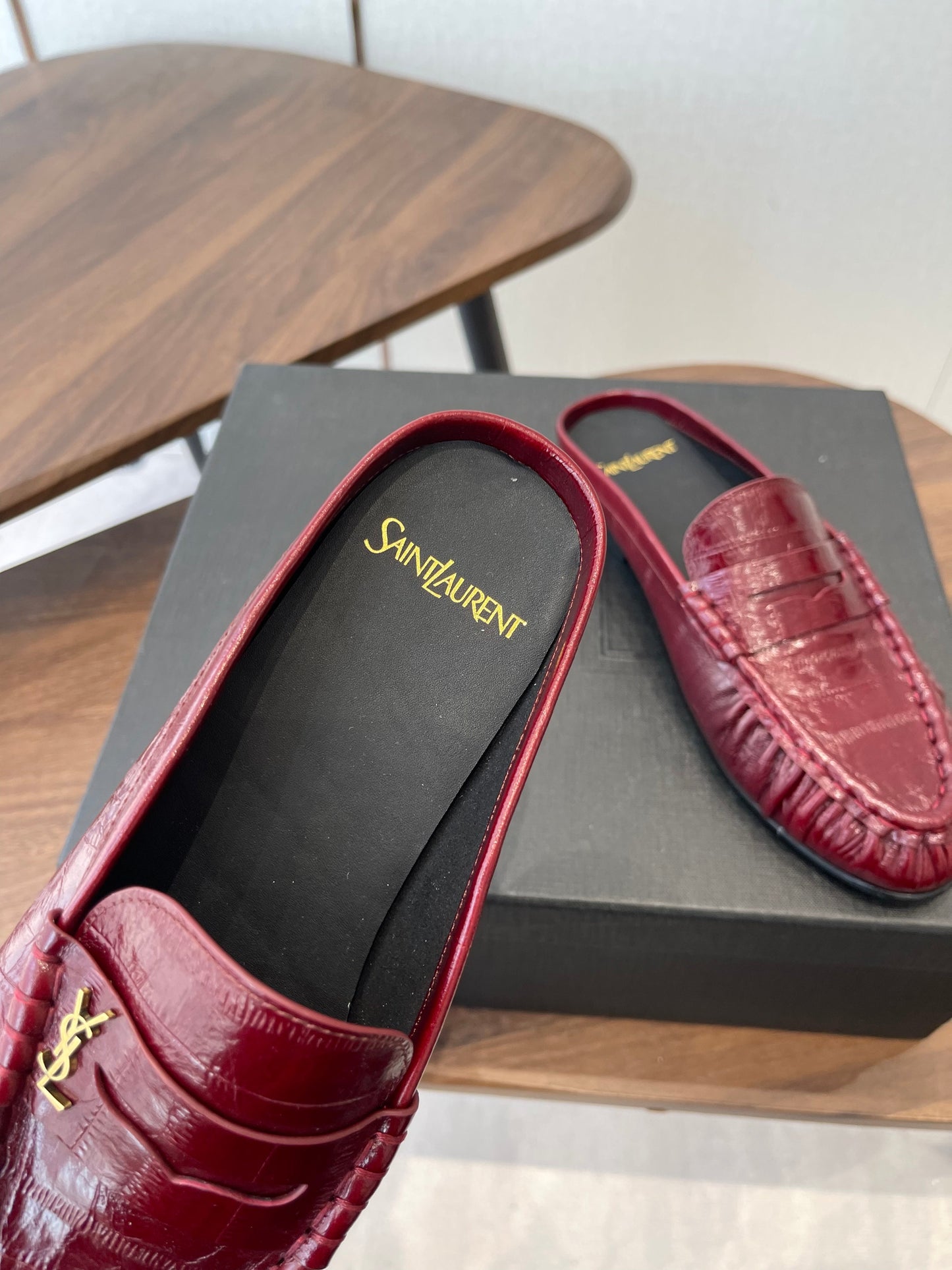 YSL 26S LOAFER MULES IN DARK RED CALFSKIN