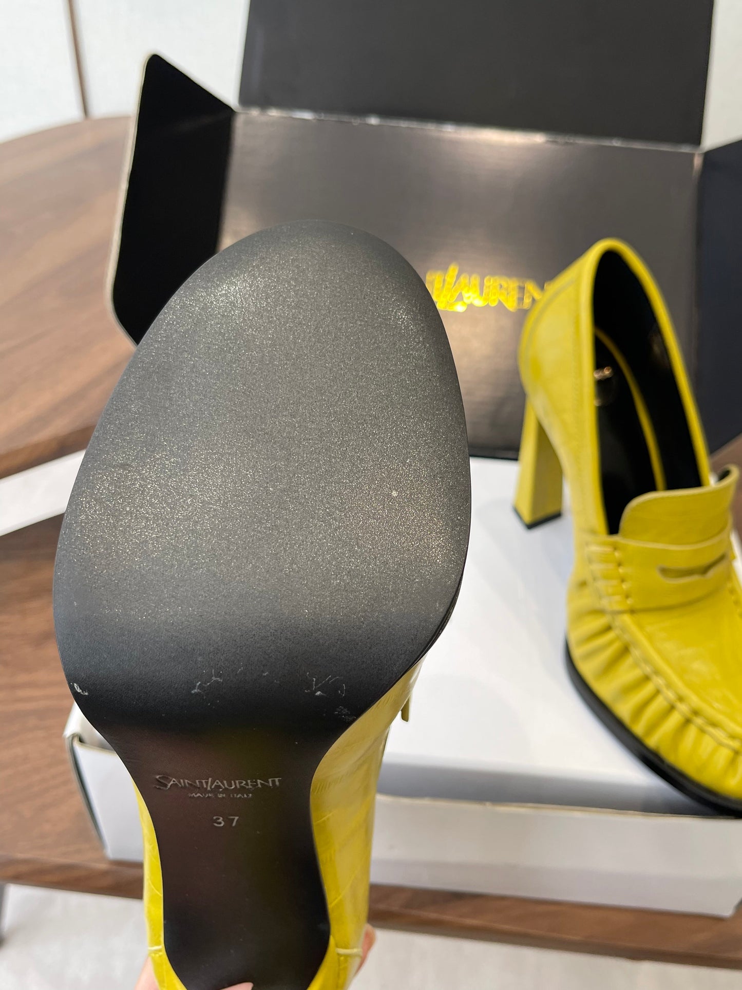 YSL 26S HEELED LOAFERS 100 MM IN YELLOW CALFSKIN