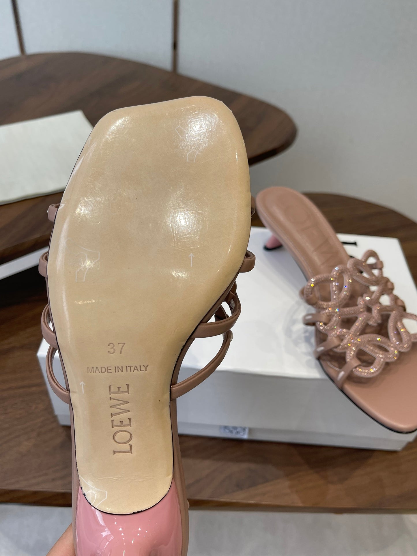 LOEWE 26S HIGH HEEL SANDALS IN TAUPE BROWN CALFSKIN WITH CRYSTALS