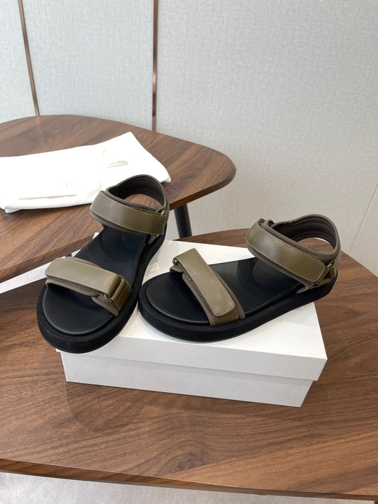THE ROW 26S DOUBLE STRAP SANDALS IN OLIVE GREEN CALFSKIN