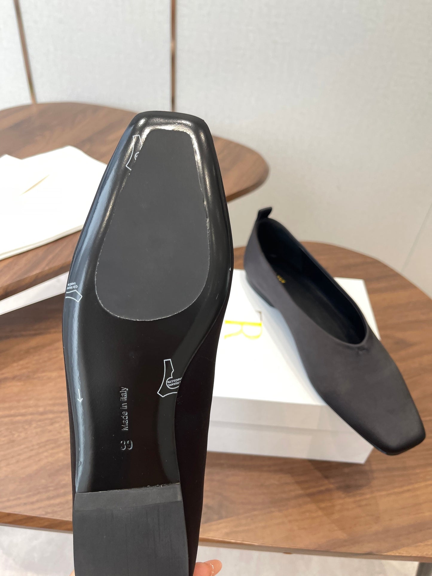 THE ROW 26S SQUARE TOE BALLET FLATS IN BLACK SATIN