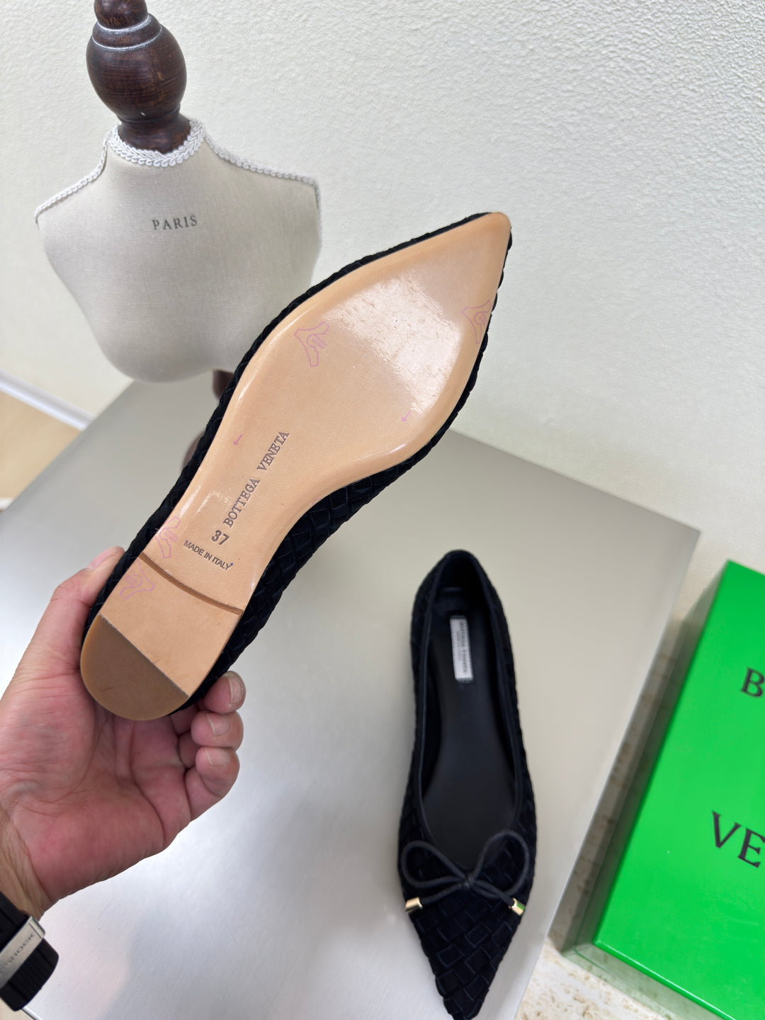 BALLET FLAT IN BLACK INTRECCIATO SUEDE WITH BOW - 35