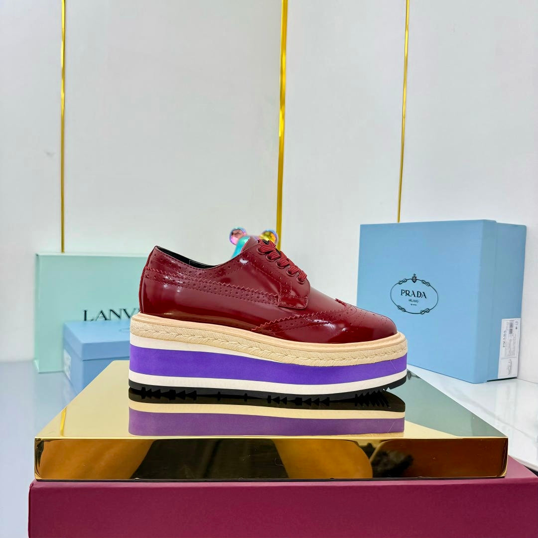 PRADA 25S FLAT WEDGE SHOES 60MM IN WINE RED CALFSKIN - 35