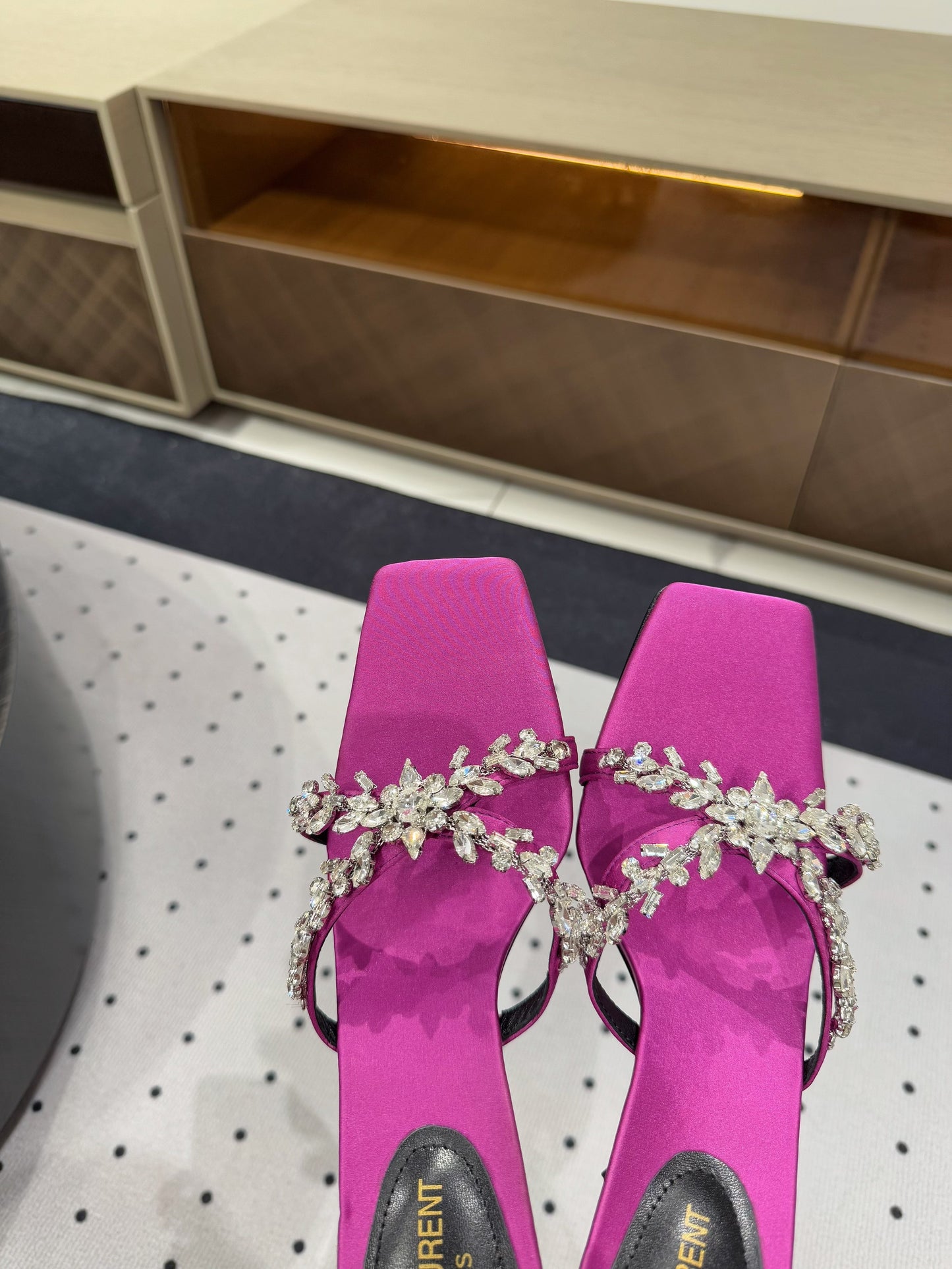 HIGH RHINESTONE CROSS STRAP MULES IN MAGENTA PINK SILK - 35