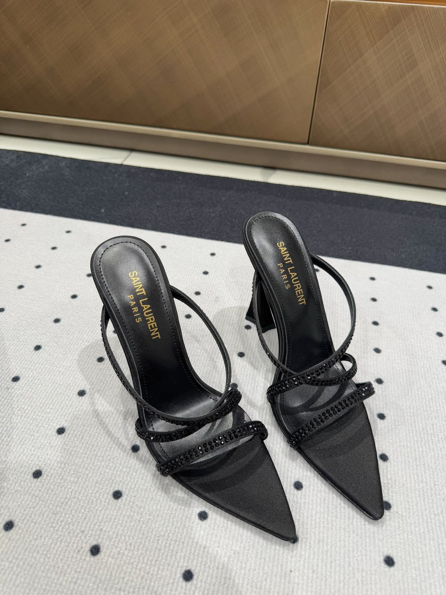 HIGH CRYSTAL STRAP SANDALS IN BLACK SILK - 35