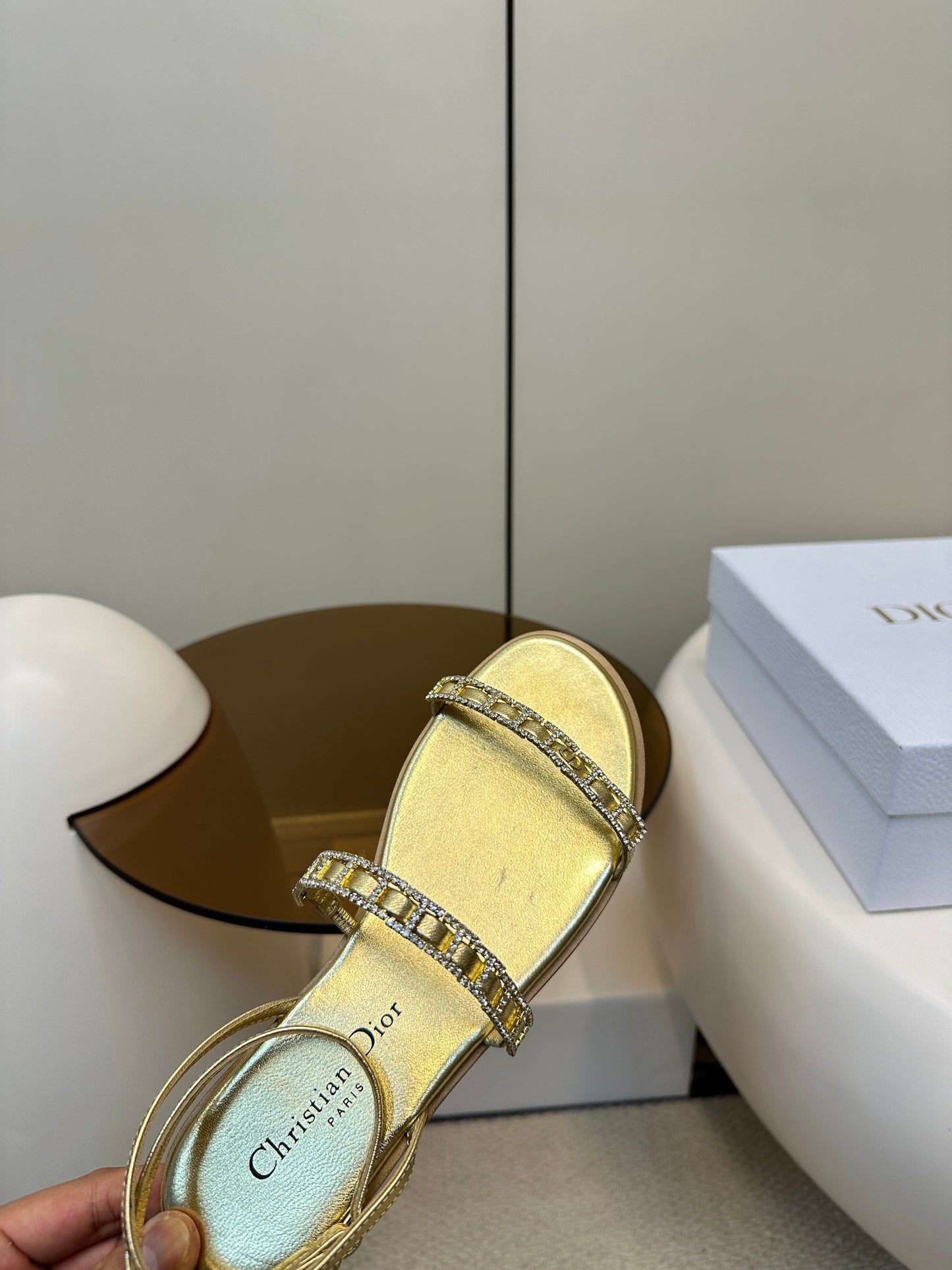 FLAT SANDALS 25S IN SHINY GOLD CALFSKIN RHINESTONES STRAP - 35