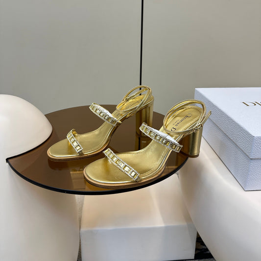 HIGH HEEL 25S SANDALS 85MM IN SHINY GOLD CALFSKIN RHINESTONES STRAP - 35