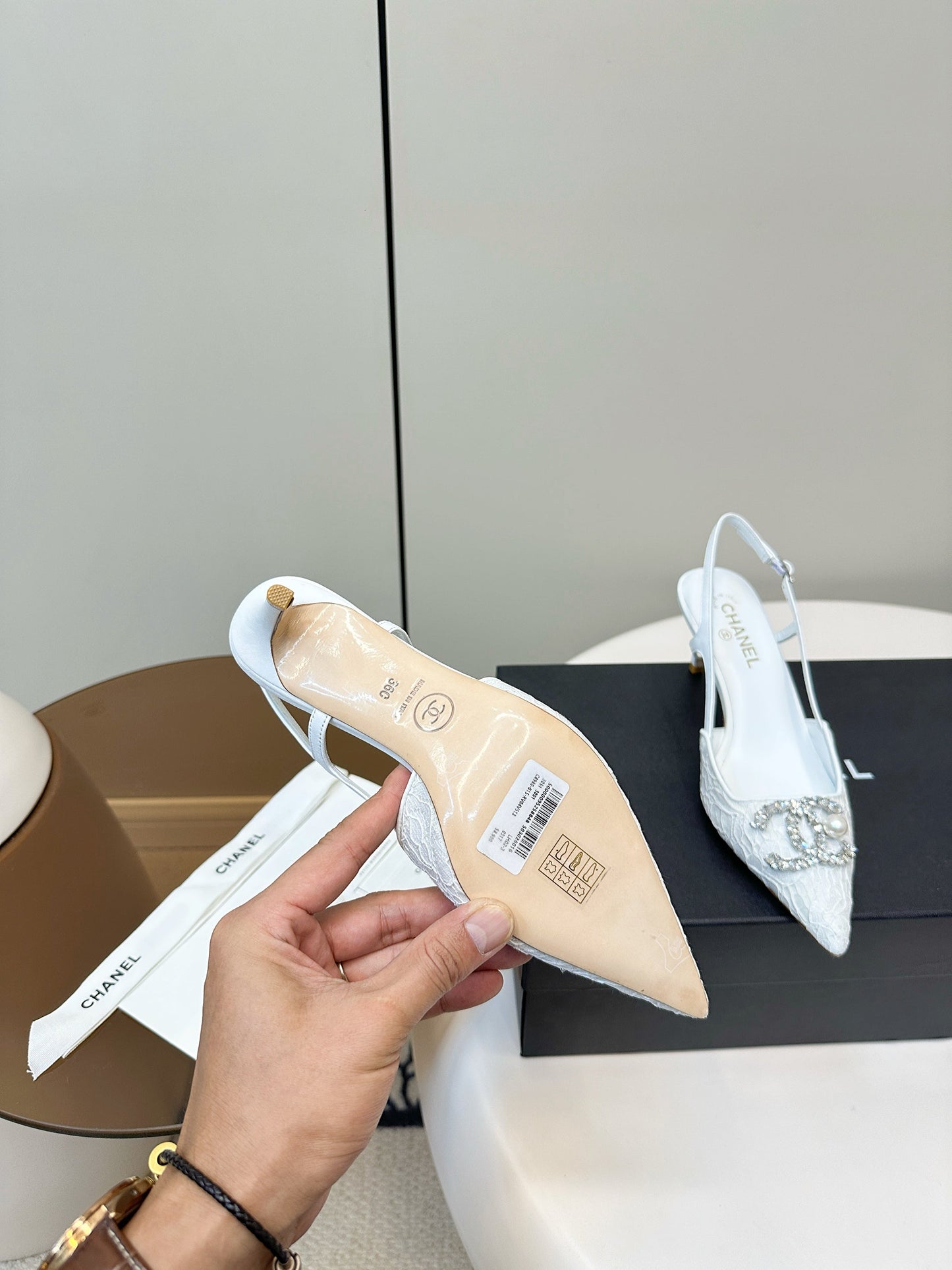 CC SLINGBACK 25S IN WHITE LACE FABRIC WITH SILVER HARDWARE - 35