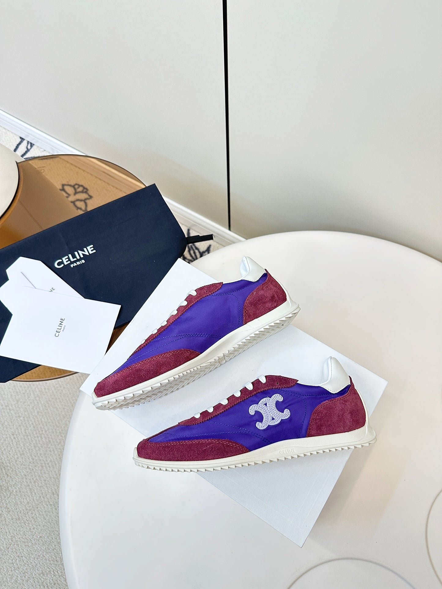 CELINE 25S RACER LOW TOP SNEAKER IN ROYAL PURPLE AND RED NYLON AND SUEDE - 35