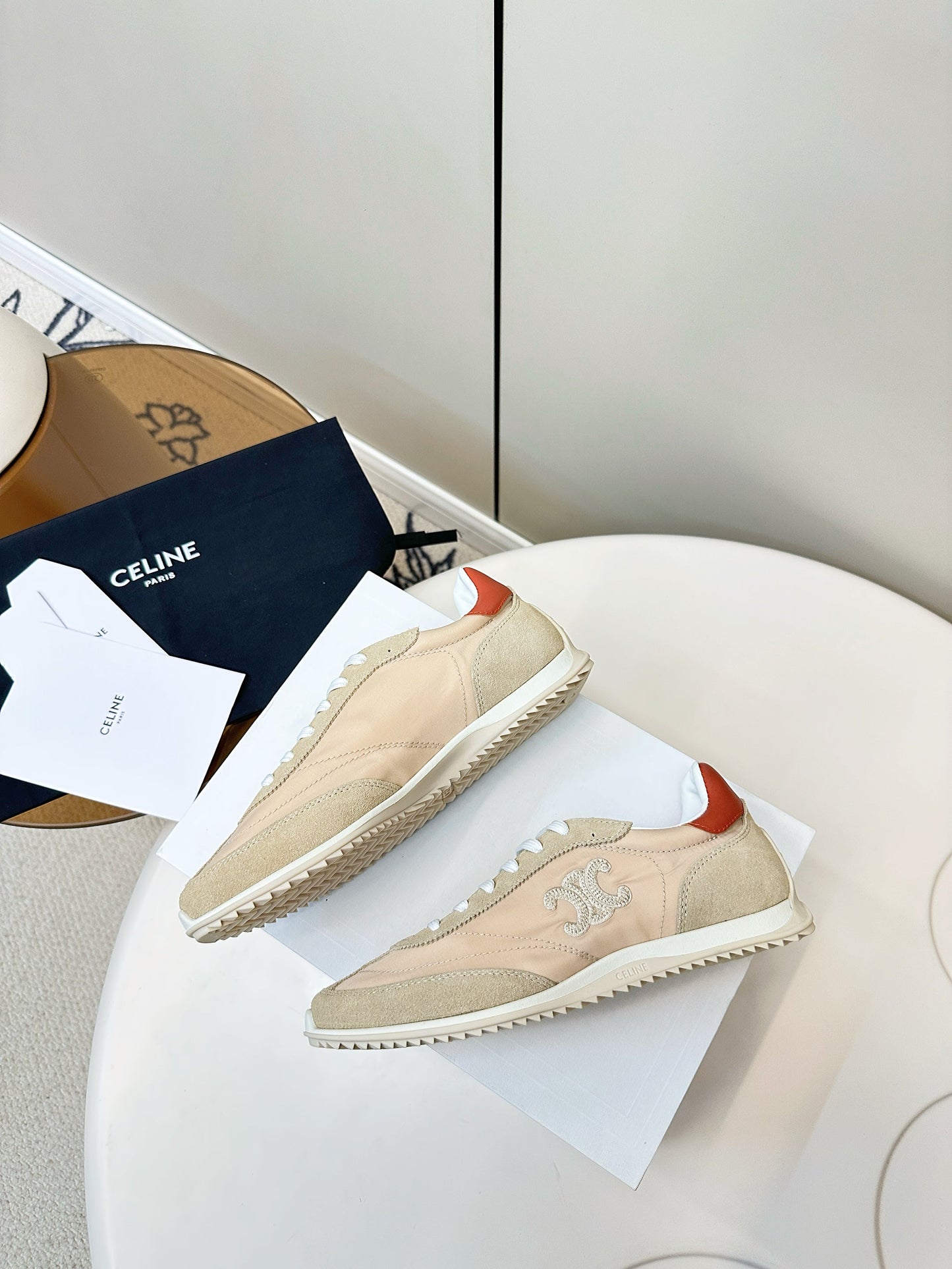 CELINE 25S RACER LOW TOP SNEAKER IN BEIGE AND LIGHT GRAY NYLON AND SUEDE - 35