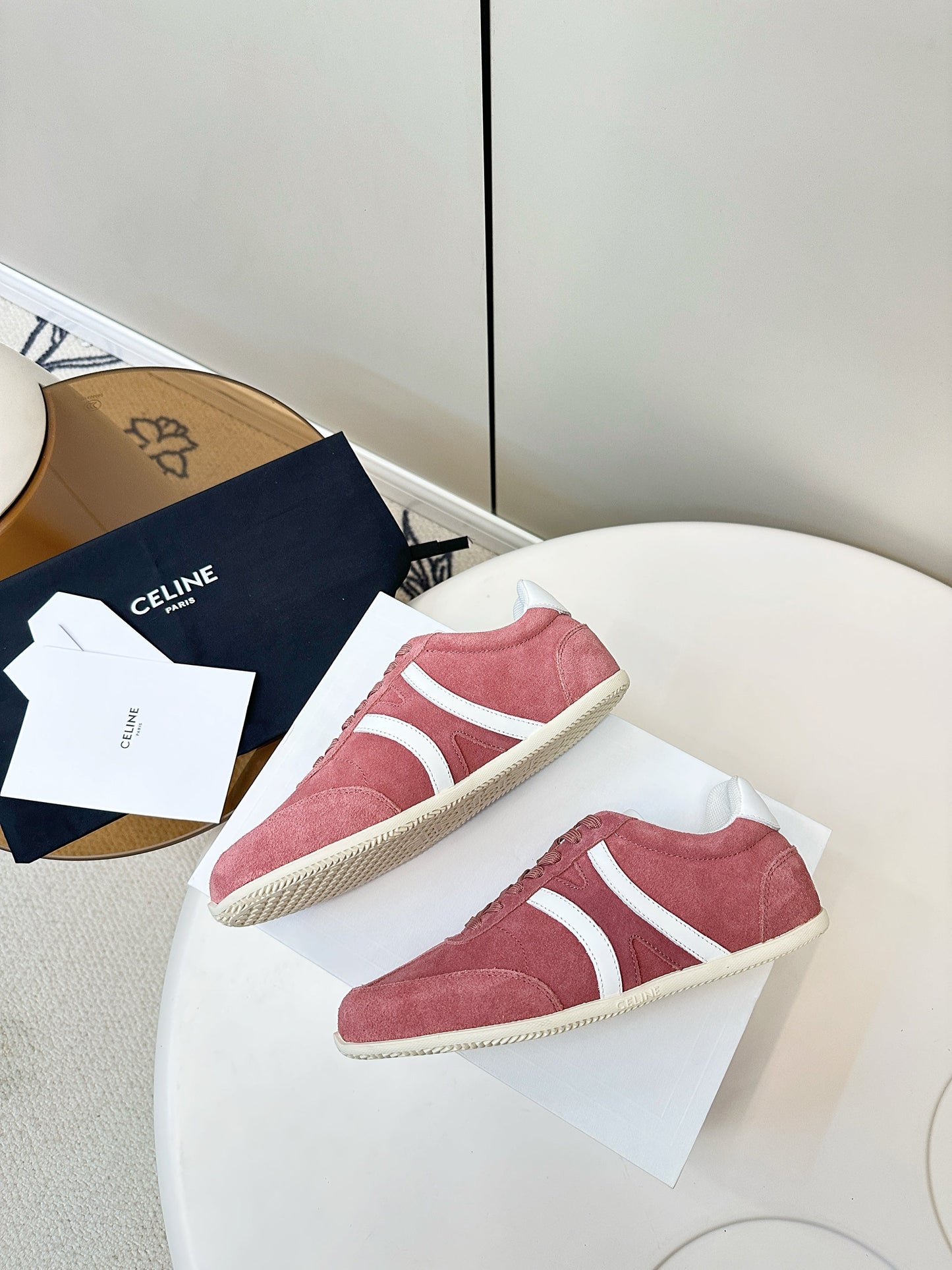 CELINE 25S JOGGER LOW LACE UP SNEAKER WITH TRIOMPHE IN BABY PINK SUEDE - 35