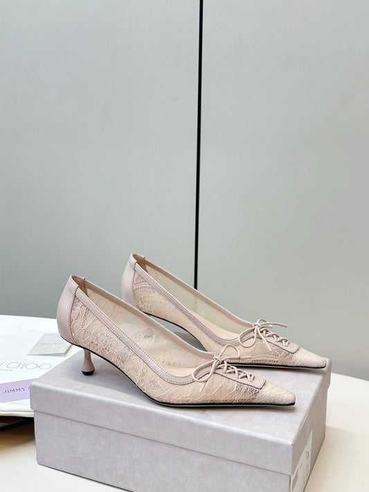 JIMMY CHOO 26S LACE-UP HEELS IN LIGHT NUDE PINK LACE AND LAMBSKIN