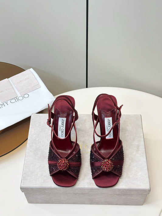 JIMMY CHOO 26S HEELED SANDALS 100 MM IN DARK RED CRYSTAL EMBELLISHMENT