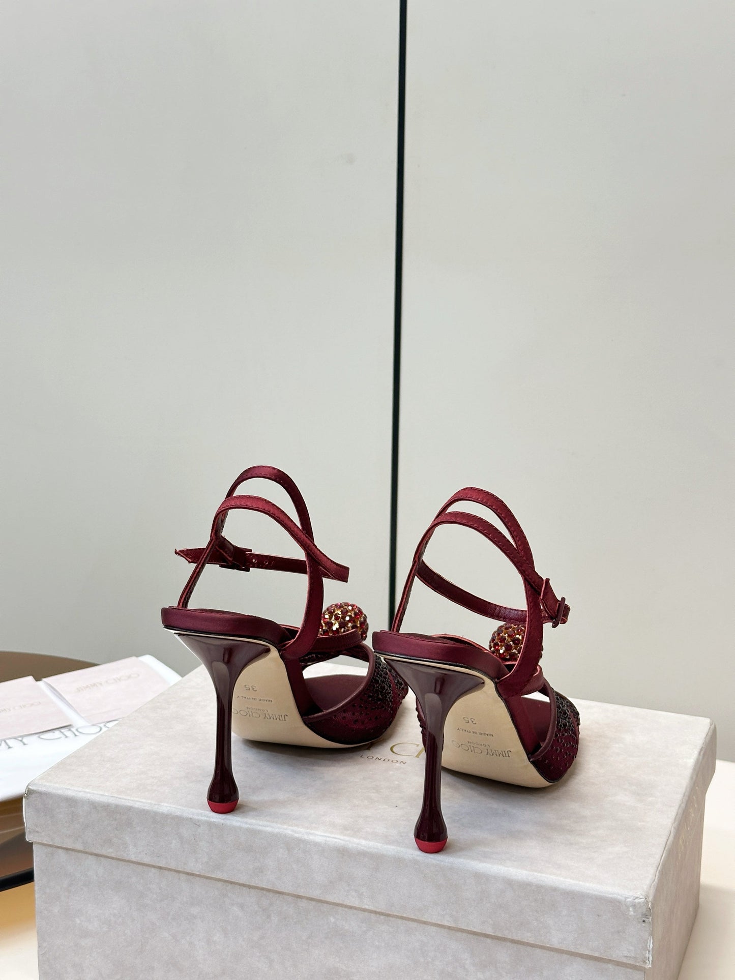 JIMMY CHOO 26S HEELED SANDALS 100 MM IN DARK RED CRYSTAL EMBELLISHMENT