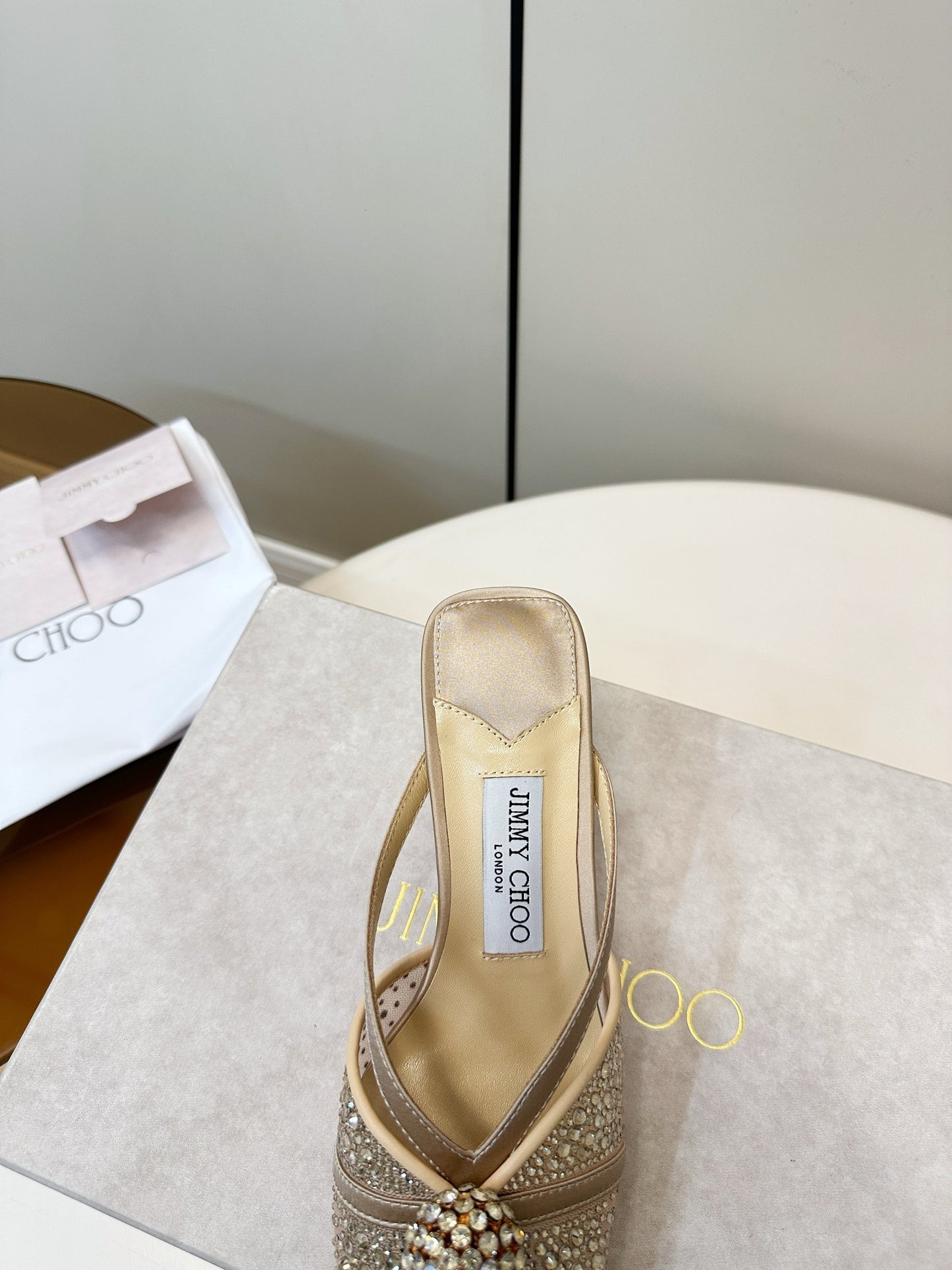 JIMMY CHOO 26S SACORA MULE 80 MM IN BEIGE CRYSTAL EMBELLISHMENT