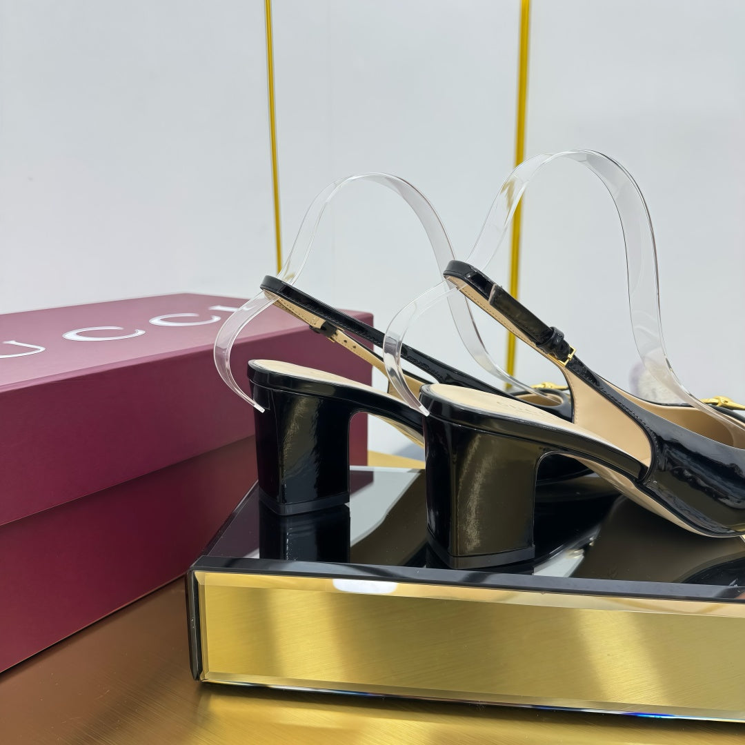 GG HIGH HEELS 65 IN BLACK GLOSSY LEATHER WITH GOLD HARDWARE - 35