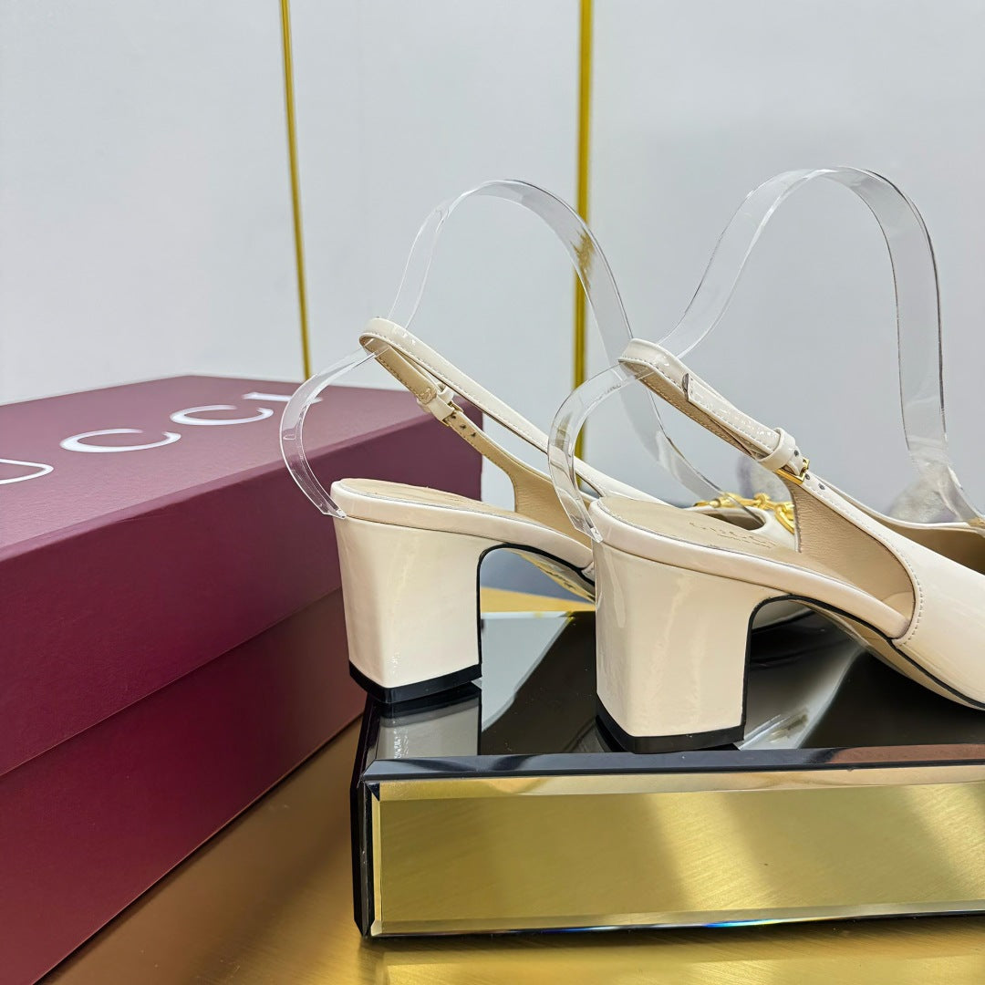 GG HIGH HEELS 65 IN CREAM WHITE GLOSSY LEATHER WITH GOLD HARDWARE - 35