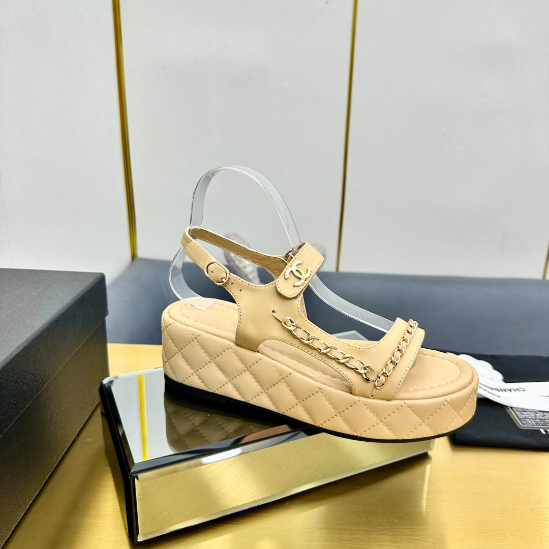 CC WEDGE SANDALS 25S IN BEIGE CALFSKIN WITH GOLD HARDWARE - 35