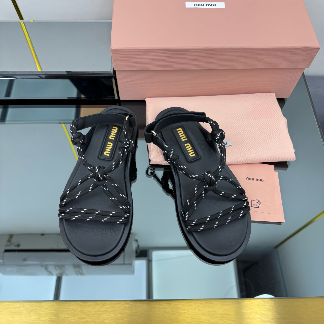RIVIERE SANDALS IN BLACK CALFSKIN AND BLACK CORD - 35