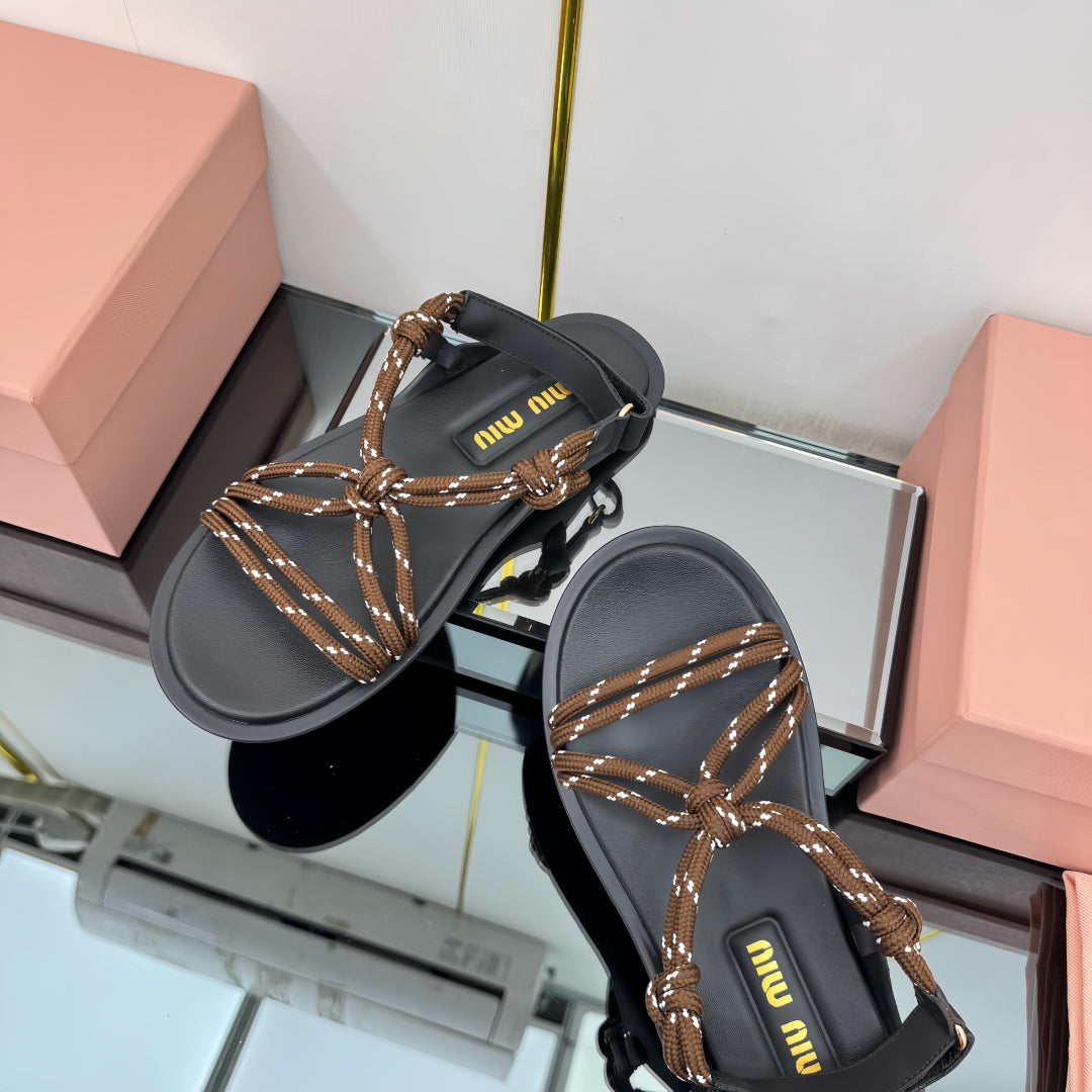 RIVIERE SANDALS IN BLACK CALFSKIN BROWN CORD - 35