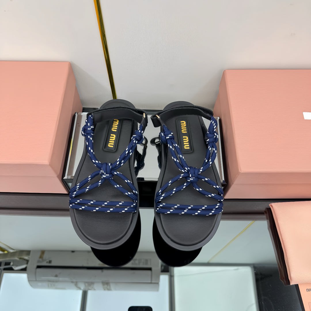 RIVIERE SANDALS IN BLACK CALFSKIN DARK BLUE CORD - 35
