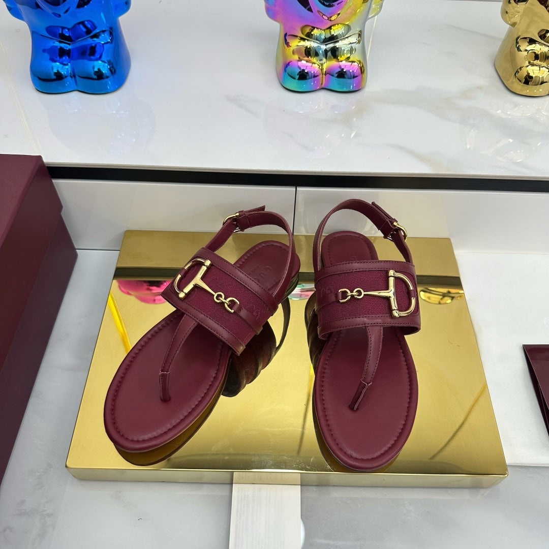 GG FLAT THONG SANDALS WITH ANKLE STRAP IN RED LAMBSKIN AND FABRIC - 35